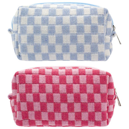 Picture of PAZIMIIK Checkered Makeup Bag for Purse Portable Zipper Make Up Pouch Small Cosmetic Case for Travel Accessories (2PCS Blue Hotpink)