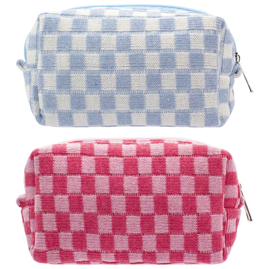 Picture of PAZIMIIK Checkered Makeup Bag for Purse Portable Zipper Make Up Pouch Small Cosmetic Case for Travel Accessories (2PCS Blue Hotpink)