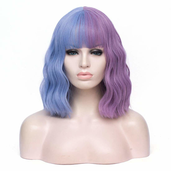 Picture of WGPFWIG Women's Blue and Purle Wig Short Curly Wavy Wig Shoulder Length Flat Bangs Wig For Women Girl Cosplay Party Halloween Wig Cap Included (Blue and Purle)