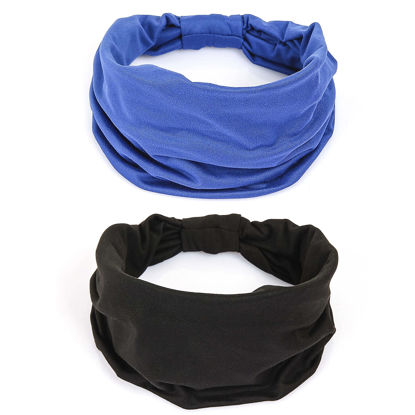 Picture of GILI 2 Pack Wide Headbands for Women Boho African Knotted Non Slip Fashion Hair Bands Yoga Running Sports Workout Gym Head Wraps Elastic Soft Cotton Cloth Turbans Bandana for Girls(Black, Blue)
