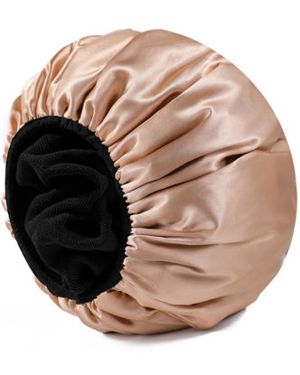 Picture of YIZIJIZI Terry Lined Shower Caps, Triple Layer Large Shower Cap for Women, Reusable Shower Caps for Long Thick Hair, Waterproof Washable Soft Bath Shower Caps for Hair Care…