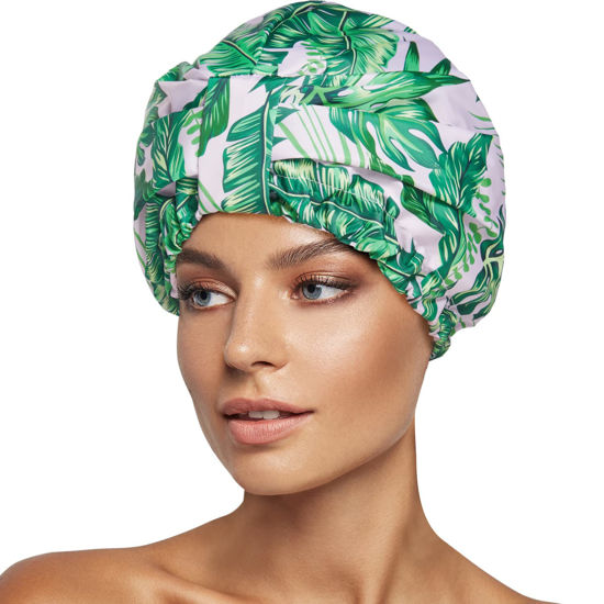 Picture of INNELO Luxury Shower Cap for Women Reusable Waterproof, Double Layered Shower Hair Cap with Adjustable Elastic Strap, Large Satin Lined Shower Bath Cap for Long Curly Straight Hair, Palm leaves