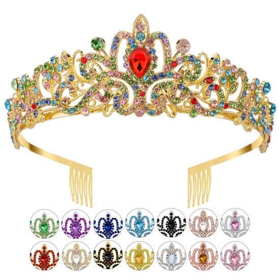 Picture of Gold Wedding Crown for Bride Crystal Princess Tiaras for Women Rhinestone Sparkly Headbands Happy 21st Birthday Crown with Combs Elegant Headdress Decorations for Bridal Prom Party Costumes Gifts