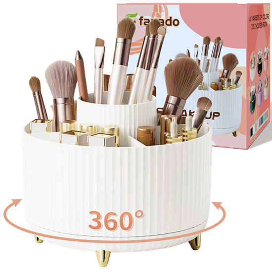 Picture of 360° Rotate Makeup Brush Holder Organizer, Makeup Organizers Countertop, Makeup organization and Skincare Storage for Vanity, Desktop, Bathroom (White)