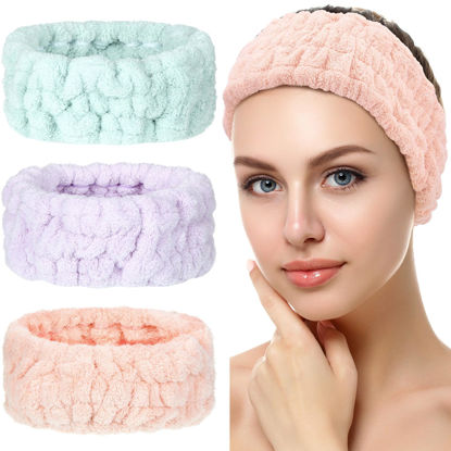 Picture of Chuangdi 3 Pieces Spa Headband for Women Facial Makeup Headband Soft Terry Cloth Hairband for Washing Face Mask Spa Shower Gifts(Light Orange, Light Purple, Light Green)