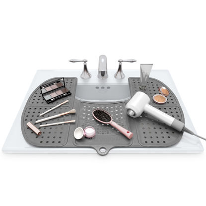 Picture of Sink Topper Foldable Sink Cover - Silicone Beauty Makeup Brush Cleaning Mat Hot Tools Organizer - for Extra Space & Storage Saver - Bathroom Must Have - Large, Silver