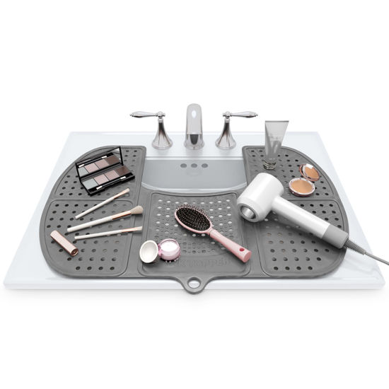 Picture of Sink Topper Foldable Sink Cover - Silicone Beauty Makeup Brush Cleaning Mat Hot Tools Organizer - for Extra Space & Storage Saver - Bathroom Must Have - Large, Silver