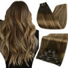 Picture of Full Shine Real Human Hair Extensions Clip ins 12 Inch Brown Balayage Clip in Hair Extensions Dark Brown Ombre Brown Mix Caramel Blonde Straight Hair Clip ins