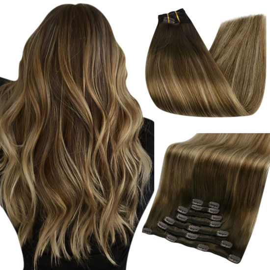 Picture of Full Shine Real Human Hair Extensions Clip ins 12 Inch Brown Balayage Clip in Hair Extensions Dark Brown Ombre Brown Mix Caramel Blonde Straight Hair Clip ins