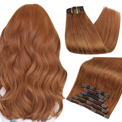 Picture of Full Shine Copper Hair Extensions 14 Inch Red Clip in Human Hair Extensions Tripple Weft Easy Wear Hair Extensions Clip ins Remy Auburn Brown Clip in Extensions Colored Hair 7Pcs