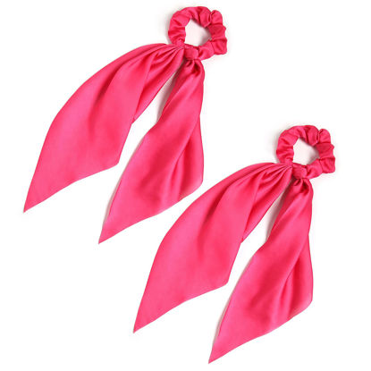 Picture of Pack of 2 Knotted Bow Hair Scrunchies Elastic Hair Scarf Black Hair Ties Bands Satin Hair Ribbon Scrunchy Red Ponytail Holder for Women and Girls (Hot pink)