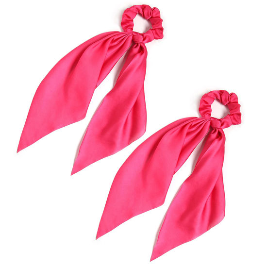 Picture of Pack of 2 Knotted Bow Hair Scrunchies Elastic Hair Scarf Black Hair Ties Bands Satin Hair Ribbon Scrunchy Red Ponytail Holder for Women and Girls (Hot pink)