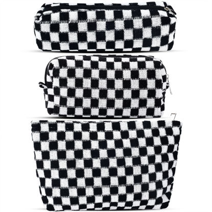 Picture of ZLFSRQ 3Pcs Checkered Makeup Bag for Women Large Cosmetic Bag Set Travel Toiletry Bag Makeup Pouch Bag for Purse Black Zipper Storage Bag Organizer Cute Small Aesthetic Girls Car Essentials Bag