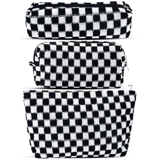 Picture of ZLFSRQ 3Pcs Checkered Makeup Bag for Women Large Cosmetic Bag Set Travel Toiletry Bag Makeup Pouch Bag for Purse Black Zipper Storage Bag Organizer Cute Small Aesthetic Girls Car Essentials Bag