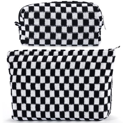 Picture of ZLFSRQ 2Pcs Checkered Makeup Bag for Women Large Cosmetic Bag Set Travel Toiletry Bag Makeup Pouch Bag for Purse Black Zipper Storage Bag Organizer Cute Small Aesthetic Girls Car Essentials Bag