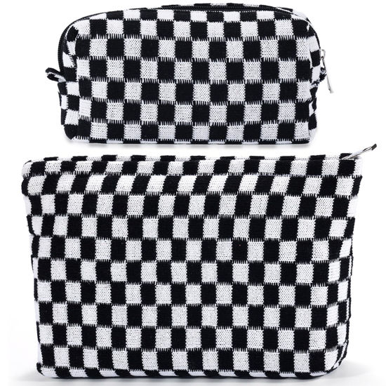 Picture of ZLFSRQ 2Pcs Checkered Makeup Bag for Women Large Cosmetic Bag Set Travel Toiletry Bag Makeup Pouch Bag for Purse Black Zipper Storage Bag Organizer Cute Small Aesthetic Girls Car Essentials Bag
