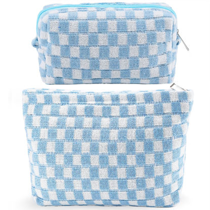Picture of ZLFSRQ 2Pcs Checkered Makeup Bag for Women Large Cosmetic Bag Set Travel Toiletry Bag Makeup Pouch Bag for Purse Blue Zipper Storage Bag Organizer Cute Small Aesthetic Girls Car Essentials Bag
