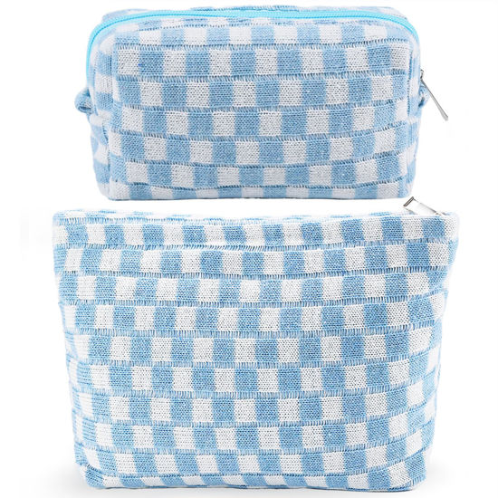 Picture of ZLFSRQ 2Pcs Checkered Makeup Bag for Women Large Cosmetic Bag Set Travel Toiletry Bag Makeup Pouch Bag for Purse Blue Zipper Storage Bag Organizer Cute Small Aesthetic Girls Car Essentials Bag