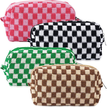 Picture of ZLFSRQ 4Pcs Checkered Makeup Bag for Women Knitted Small Cosmetic Bag Travel Makeup Pouch for Purse Zipper Toiletry Organizer Cute Aesthetic Girls Makeup Brushes Storage Bag (Green/Black/Pink/Brown)