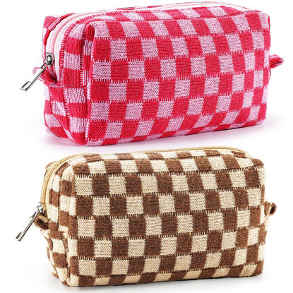 Picture of ZLFSRQ 2Pcs Checkered Makeup Bag for Women Large Capacity Cosmetic Bag Set Travel Makeup Pouch for Purse Zipper Toiletry Organizer Cute Y2K Aesthetic Trendy Makeup Brushes Storage Bag(Pink/Brown)