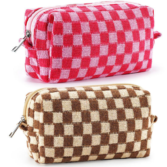 Picture of ZLFSRQ 2Pcs Checkered Makeup Bag for Women Large Capacity Cosmetic Bag Set Travel Makeup Pouch for Purse Zipper Toiletry Organizer Cute Y2K Aesthetic Trendy Makeup Brushes Storage Bag(Pink/Brown)