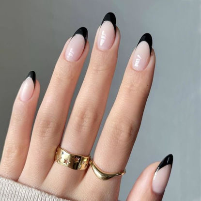 Picture of Modelones Black French Tip Press on Nails Almond, Short Almond Fake Nails, Reusable Nail Kit with Nail Glue Adhesive Tabs Mini Nail File, Nails Press Ons 32Pcs16 Sizes