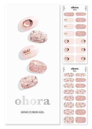 Picture of ohora Semi Cured Gel Nail Strips (N Coco Tweed) - Works with Any Nail Lamps, Salon-Quality, Long Lasting, Easy to Apply & Remove - Includes 2 Prep Pads, Nail File & Wooden Stick - Pink