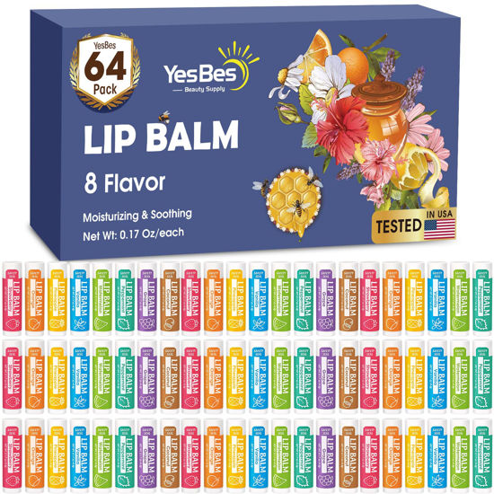 Picture of YesBes 64 Pack Lip Balm, Natural Lip Balm Bulk with Vitamin E and Coconut Oil, Moisturizing Lip Balm for Dry Cracked Lips, Lip Balm for Stocking Stuffers - 8 Flavors