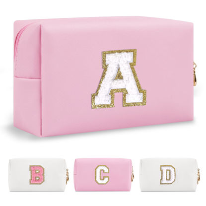 Picture of Personalized Initial A-Z Preppy Patch Makeup Bag,Small PU Chenille Letter Cosmetic Bag with Zipper for Teen Girls,Pink Cute Toiletry Organizer Bag,Monogram Makeup Case Gift for Women Girls,Letter A