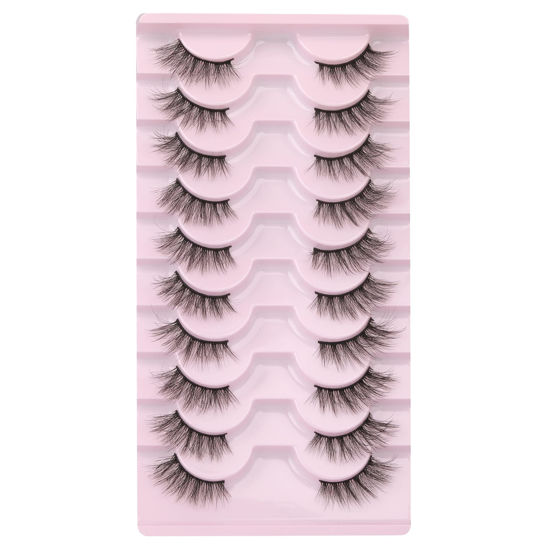 Picture of wiwoseo False Eyelashes Half Lashes Strip Natural Wispy Fluffy Faux Mink Lashes 14MM Eyelashes 10 Pairs Pack