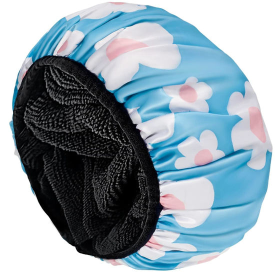 Picture of Aquior Shower Cap,Extra Large Triple Layer Bathing Cap with Dry Hair Function for Women Microfiber Terry Cloth Silky Satin 100% Waterproof Reusable Long Hair Bath Caps (Light Blue flora)