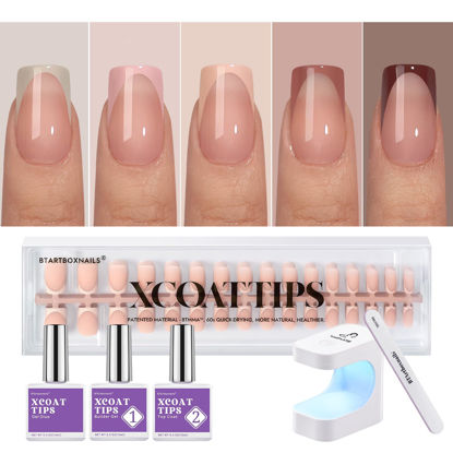 Picture of BTArtboxnails XCOATTIPS French Gel Nails - Skin Tones French Tip Press on Nails, Short Square Nail Tips with Nail Gel, French Protecting Duo, Nail Lamp, All in One Fake Nail Valentines Day Gift