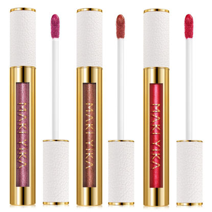 Picture of MAKI YIKA 3Pc Metallic Lipstick Long Lasting Pink Brown Red Glitter Lipsticks High Shine Lipstick No Smudge No Transfer Liquid Lip Gloss (Pink/Brown/Red)