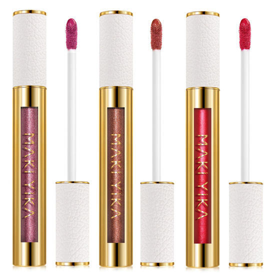 Picture of MAKI YIKA 3Pc Metallic Lipstick Long Lasting Pink Brown Red Glitter Lipsticks High Shine Lipstick No Smudge No Transfer Liquid Lip Gloss (Pink/Brown/Red)