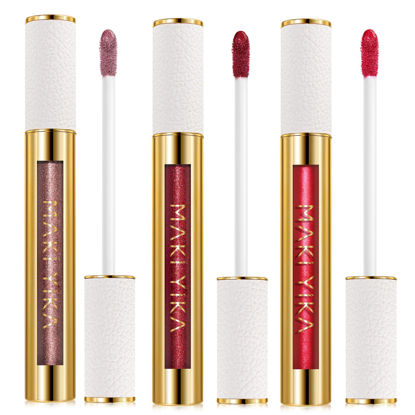 Picture of MAKI YIKA 3Pc Metallic Lipstick Long Lasting Nude Pink Red Glitter Lipsticks High Shine Lipstick No Smudge No Transfer Liquid Lip Gloss (Nude/Pink/Red)
