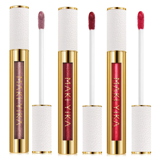 Picture of MAKI YIKA 3Pc Metallic Lipstick Long Lasting Nude Pink Red Glitter Lipsticks High Shine Lipstick No Smudge No Transfer Liquid Lip Gloss (Nude/Pink/Red)