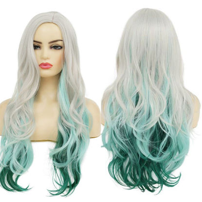 Picture of Beweig Long Curly Wavy Silver Grey to Green Wig Side Part Natural Looking Synthetic Cosplay Wig for Women