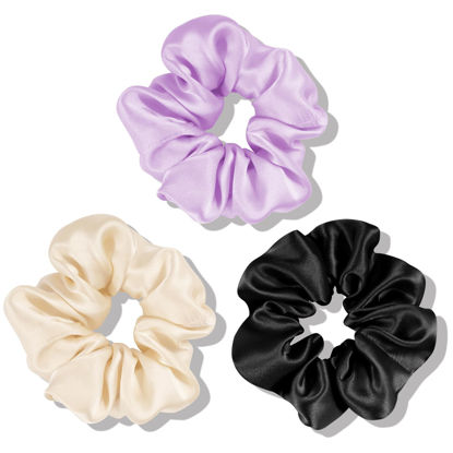 Picture of OLESILK 100% Mulberry Silk-Scrunchies for Hair Sleep, Women Grils Silk Hair Ties for Frizz & Breakage Curly Hair, No Damage, Elastics Ponytail Holder, 3 Pack