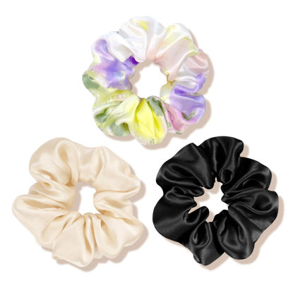 Picture of OLESILK 100% Mulberry Silk-Scrunchies for Hair Sleep, Women Grils Silk Hair Ties for Frizz & Breakage Curly Hair, No Damage, Elastics Ponytail Holder, 3 Pack