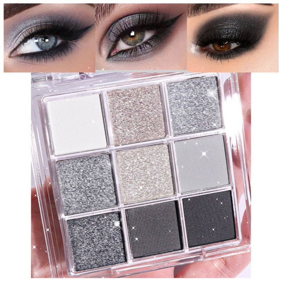 Picture of evpct 9 Colors Black Smokey Grey Gray Silver Glitter Shimmer Eye Shadow Makeup Palette Pigmented Black Matte Metallic Eyeshadow Makeup Palette sombra negra para ojos para ojos brillantes