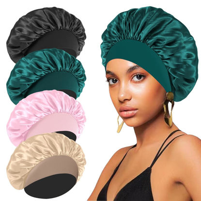 Picture of 4PCS Silk Bonnet for Sleeping,Hair Satin Bonnets for Black Women Men,Hair Wrap Cap for Curly Hair,Elastic Wide Band Hair Bonnet Shower Cap for Sleeping (Black & Peacock Blue & Pink & Khaki)