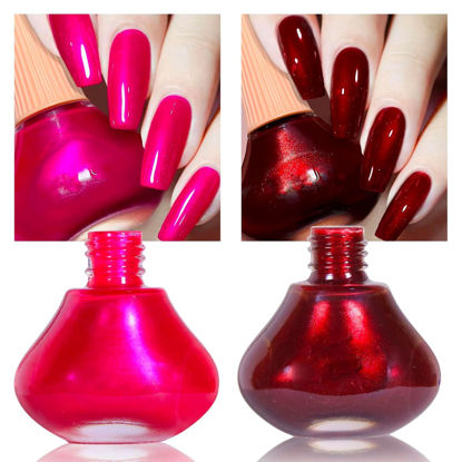 Picture of COSMOO Hot Pink with Wine Red 2pcs Nail Polish, 12ml Quick Dry Nail Lacquer, Super Lustrous Nail Enamel Polish, Shimmer Iridescent Ultrachrome Nail Art Varnish, 0.41 fl oz/pcs (Hot Pink + Wine Red)