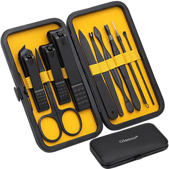 Picture of Glamne Manicure Set Nail Clippers Kit Professional Stainless Steel Nail Care Tools with Leather Travel Case 10 in 1 Yellow