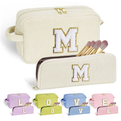 Picture of YOOLIFE Cute Gifts Travel Makeup Bag - White Makeup Bag Make Up Bag Travel Cosmetic Bags for Women Corduroy Makeup Bag Cute Makeup Bag Personalized Best Friend Birthday Gifts for Women Her Letter M