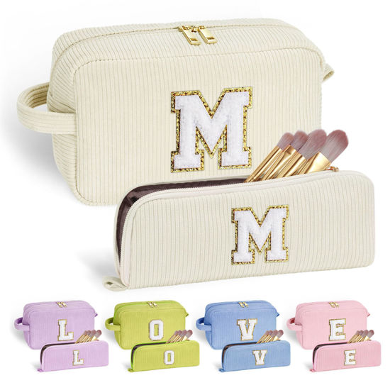 Picture of YOOLIFE Cute Gifts Travel Makeup Bag - White Makeup Bag Make Up Bag Travel Cosmetic Bags for Women Corduroy Makeup Bag Cute Makeup Bag Personalized Best Friend Birthday Gifts for Women Her Letter M