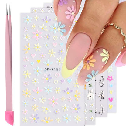 Picture of VOTACOS Flower Nail Art Stickers Decals 5D Embossed Nail Decals Spring Summer Daisy Nail Art Design Self-Adhesive Nail Supplies Accessories 3D Flower Nail Stickers for Women Nail DIY Decoration
