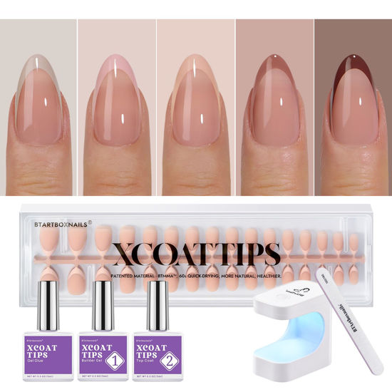 Picture of BTArtboxnails XCOATTIPS French Gel Nails - Skin Tones French Tip Press on Nails, Short Almond Nail Tips with Nail Gel, French Protecting Duo, Nail Lamp, All in One Fake Nail Valentines Day Gift