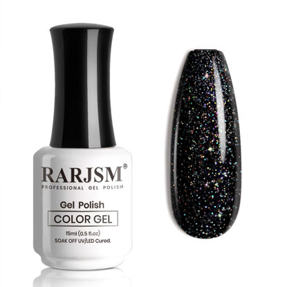 Picture of RARJSM Black Glitter Gel Nail Polish Chunky Iridescent Rainbow Sparkle Laser Holographic Small Flakes Shimmer Diamond Gel Polish Single Bottle Soak off UV LED Cured for Home Salon Manicure 15ML