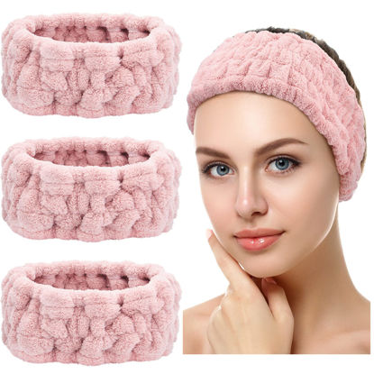 Picture of Chuangdi 3 Pieces Women's Makeup Headband - Elastic Head Wrap for Washing Face, Yoga, Sports, and Shower (Pink)