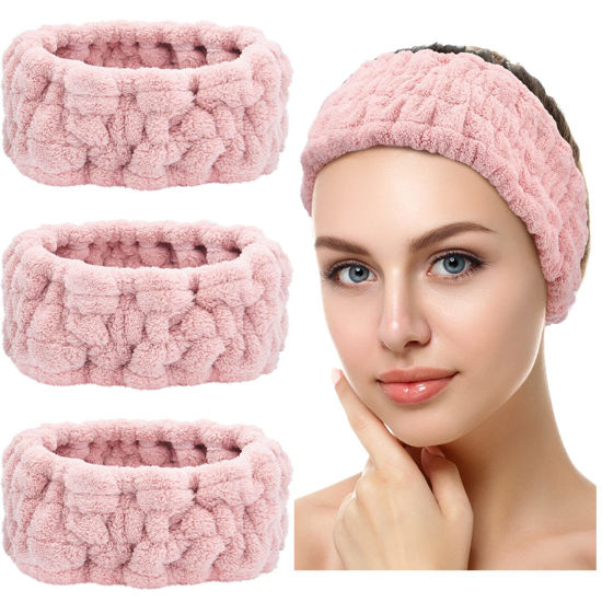 Picture of Chuangdi 3 Pieces Women's Makeup Headband - Elastic Head Wrap for Washing Face, Yoga, Sports, and Shower (Pink)